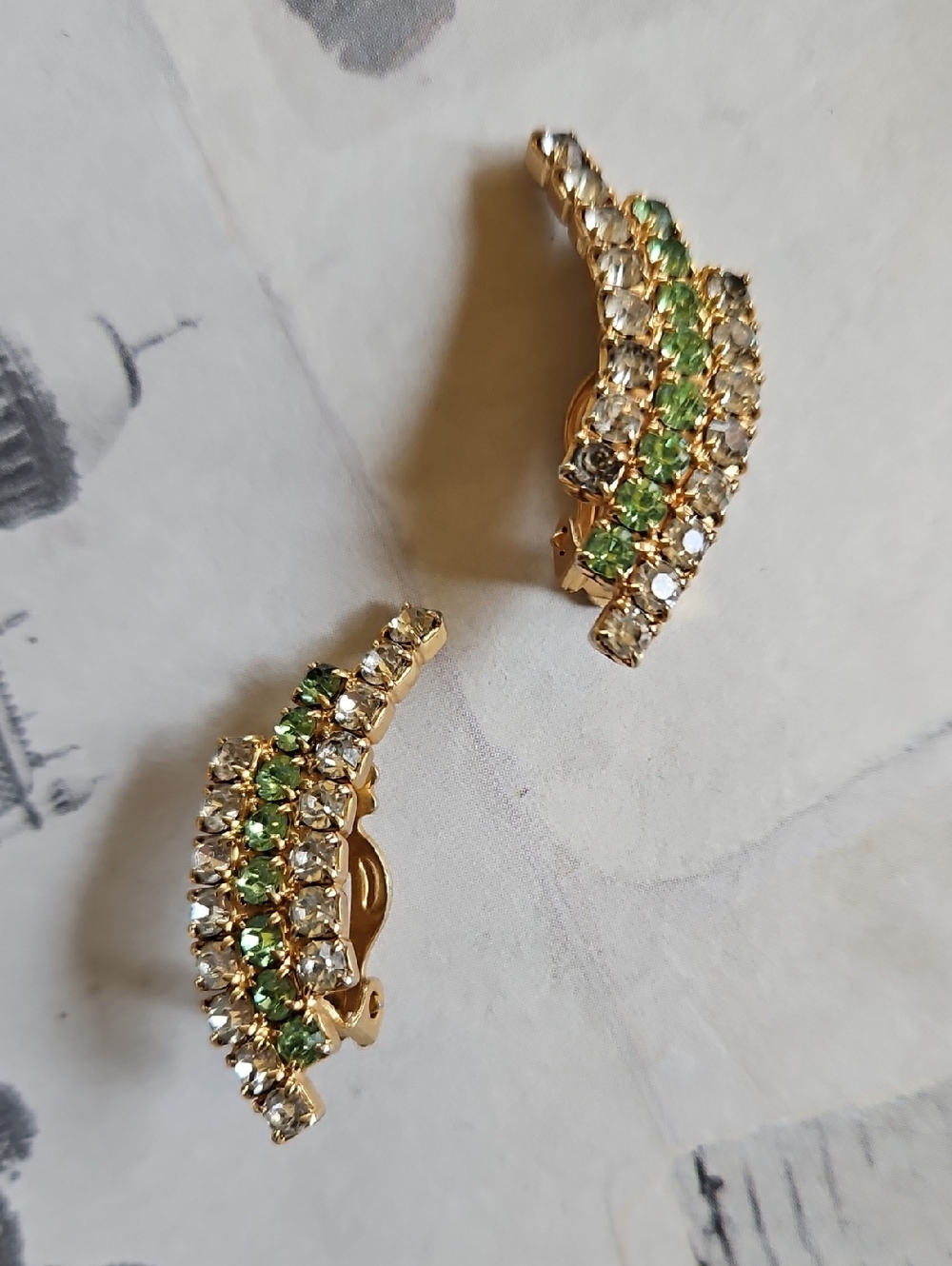 Green and clear prong set rhinestone 3 rows gold tone Clip Earrings Vintage